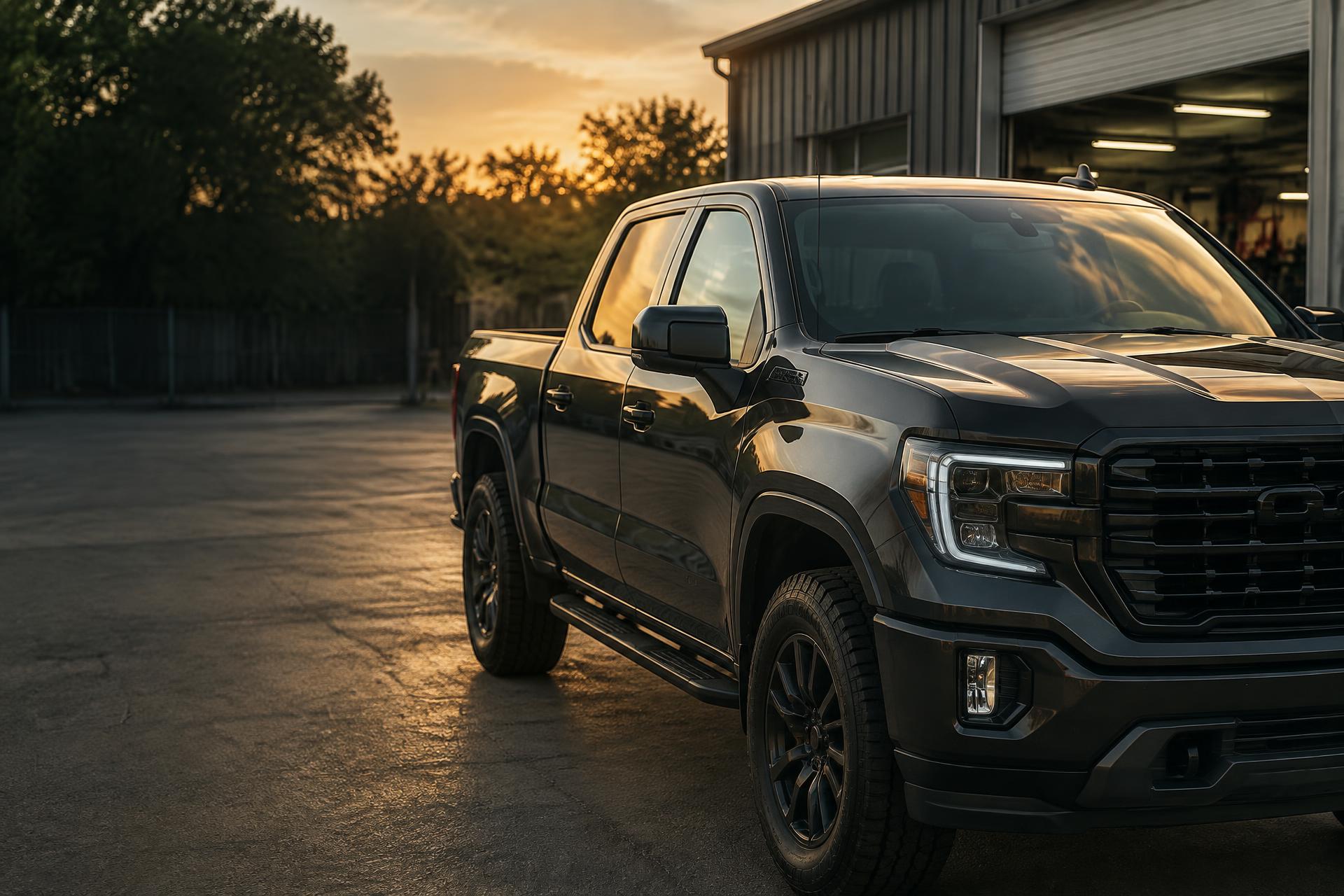Dark pickup with clear automotive glass outside an Oklahoma workshop