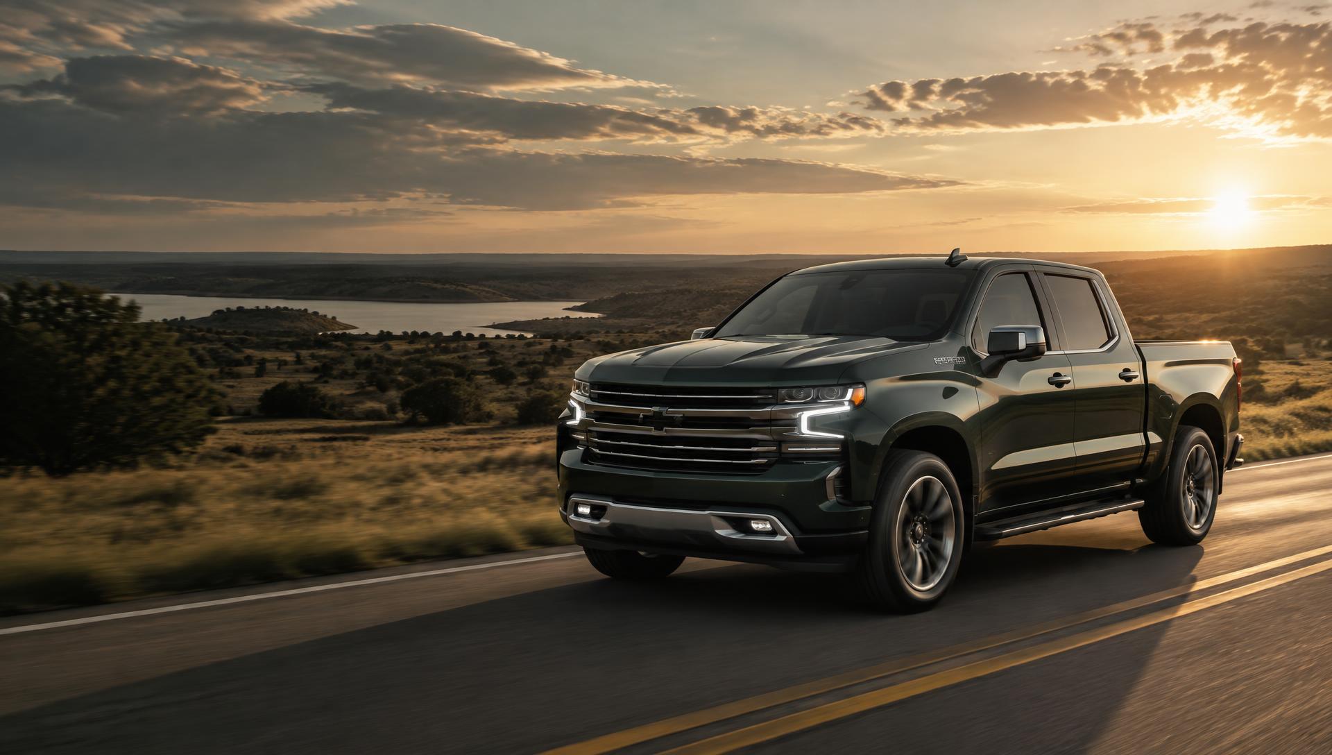 Green pickup with tinted windows driving across an Oklahoma landscape at sunset