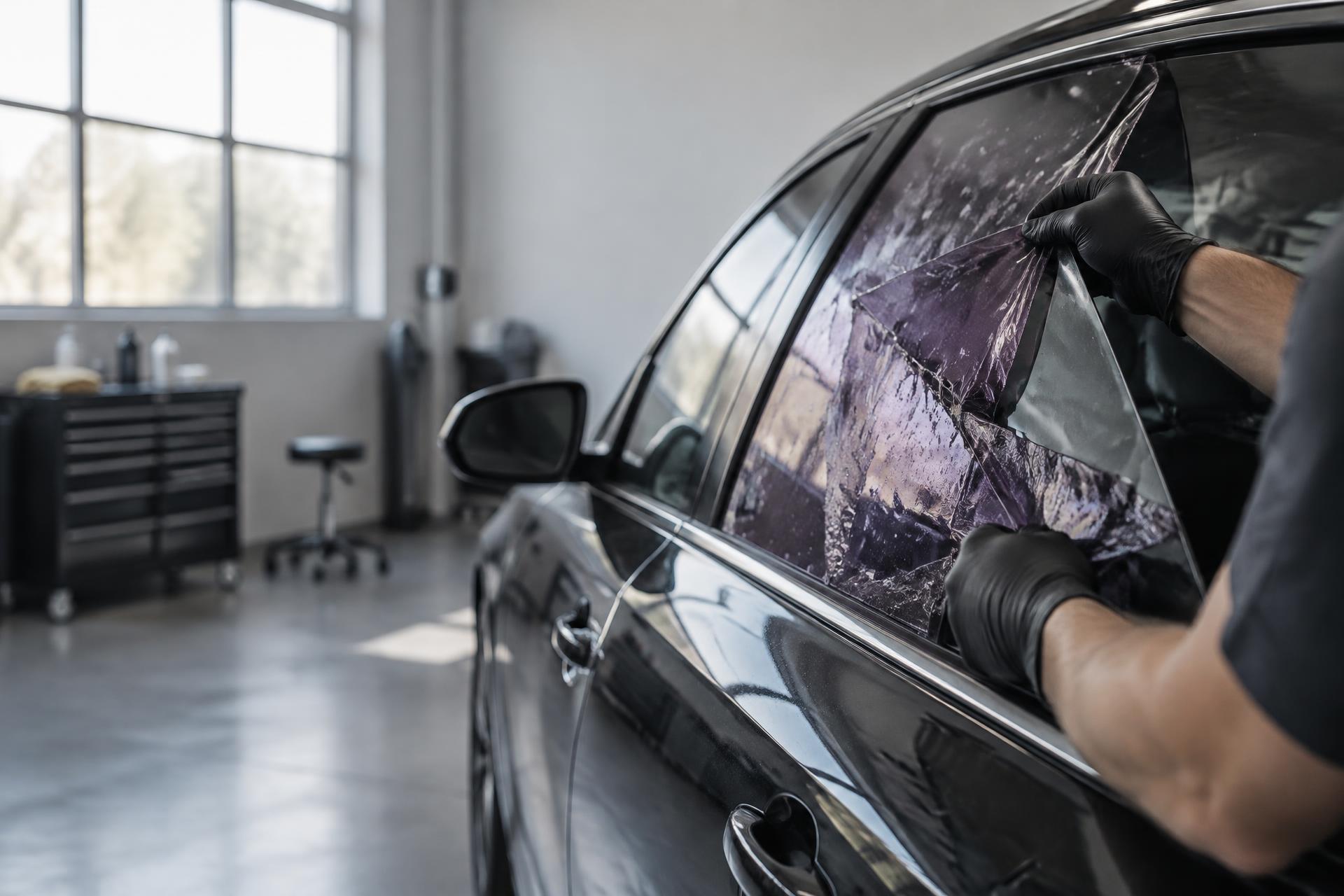 Old faded window tint being peeled from a car's side window in a workshop