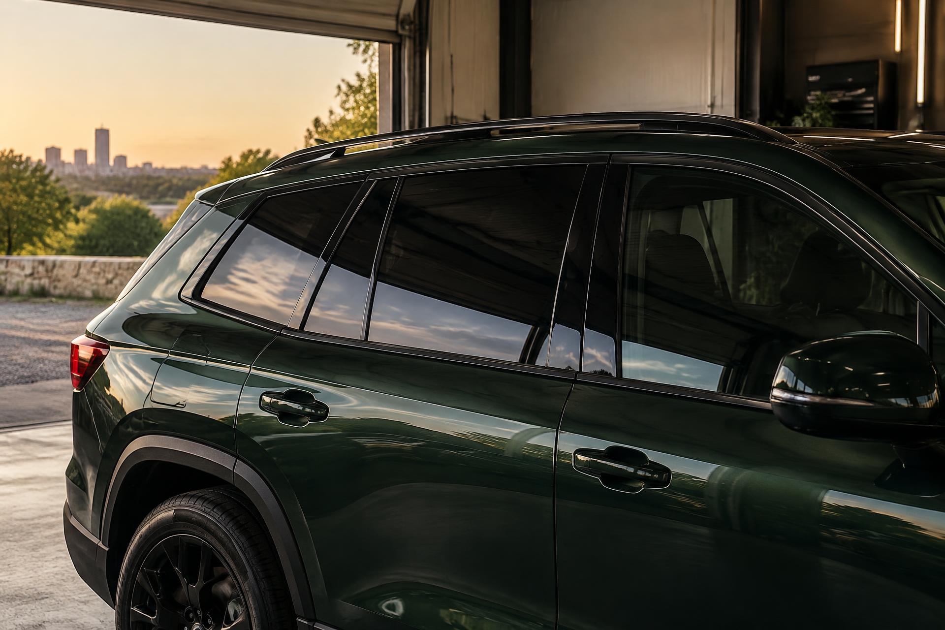 Side profile of a dark green SUV with professionally tinted windows
